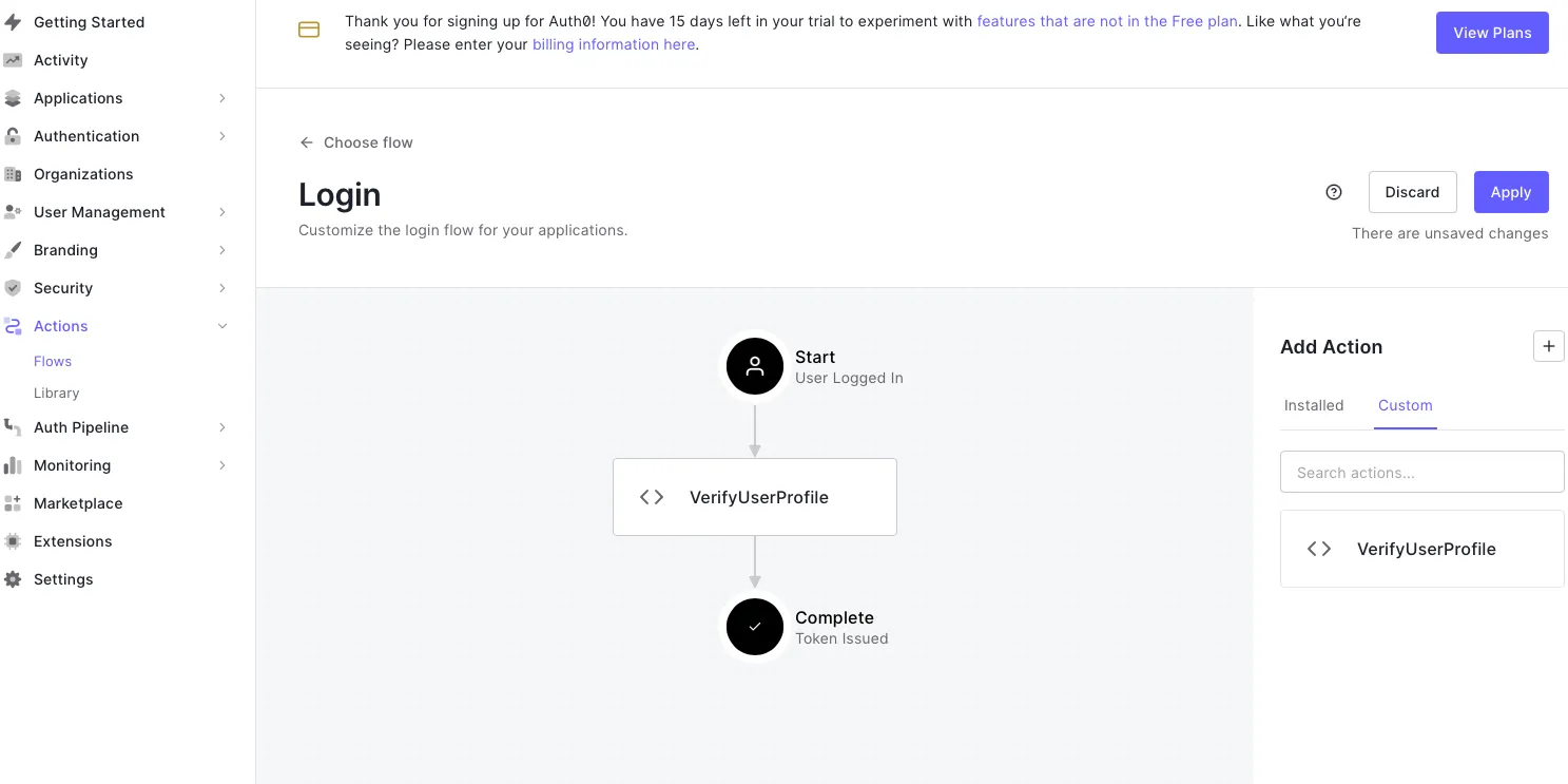 Auth0 の フローの編集画面