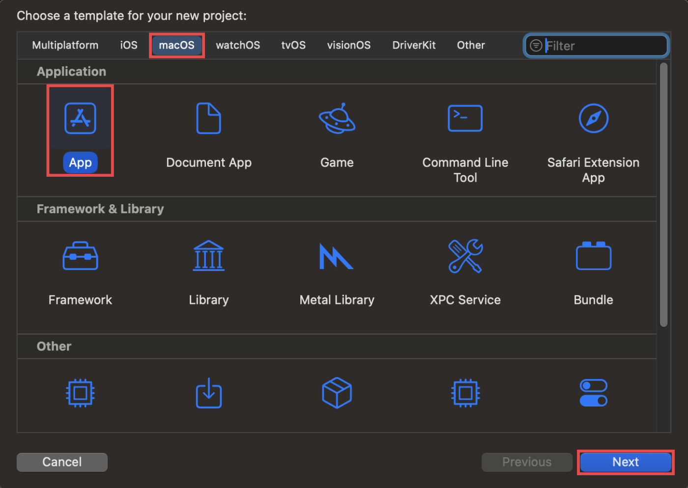 Choose a template for your new project