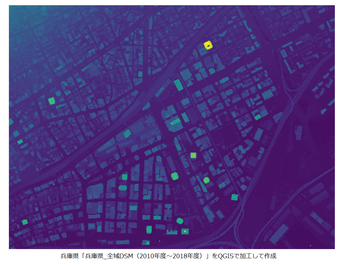 QGISを用いて可視化したDSMデータ