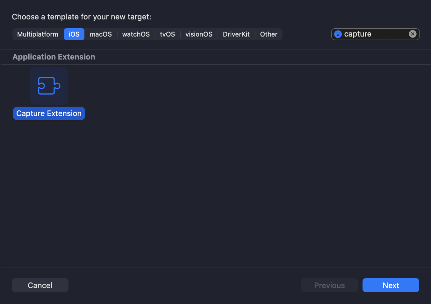 Xcode上の新しいターゲットのテンプレートを選択する画面。Capture Extensionが選択されている。