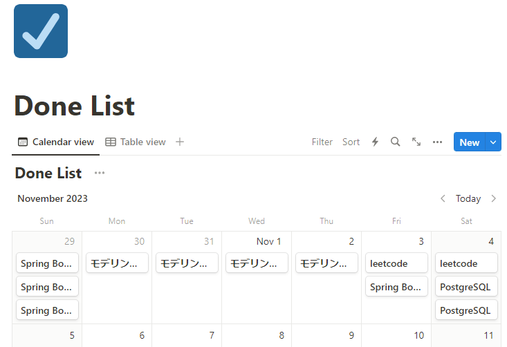 図2. Notionのやったことリストのカレンダービュー