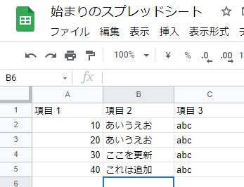 スプレッドシートを更新して行の追加などを行った状態のスクリーンショット