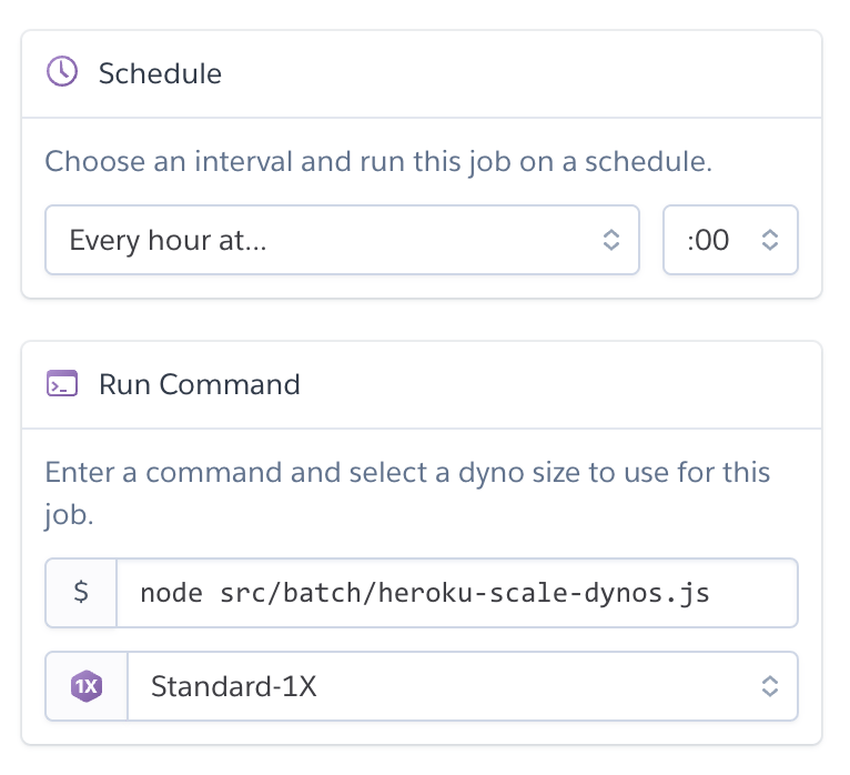 Heroku Schedulerの設定画面のキャプチャ。毎時0分に指定のコマンドを実行するように