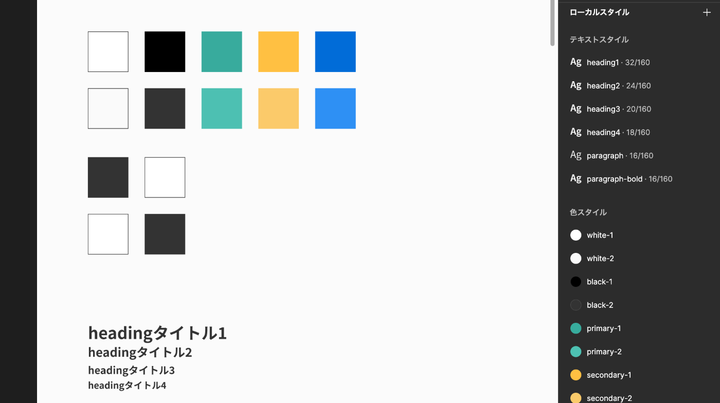 Figmaの画面。カラーとタイポグラフィをまとめている。