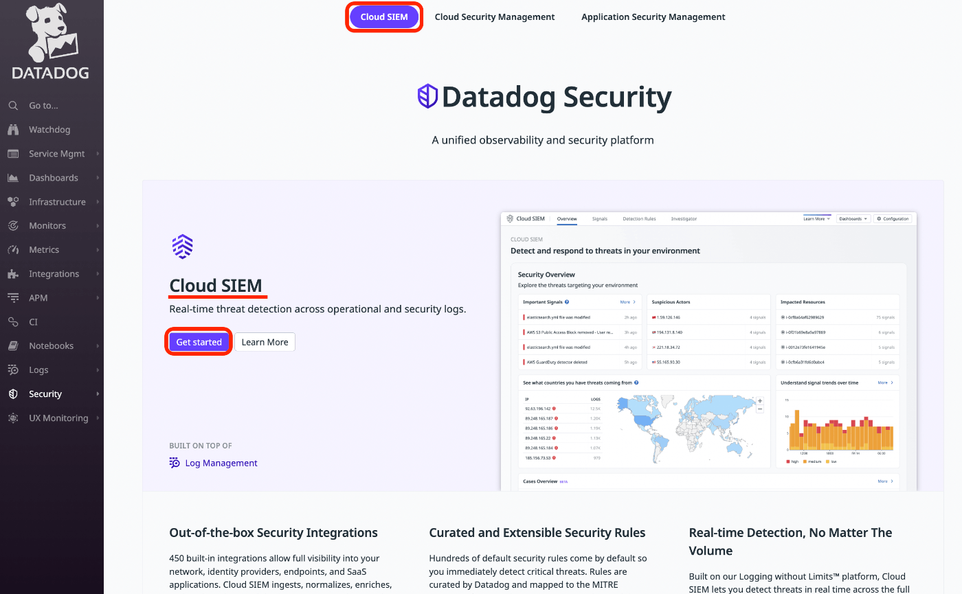 Datadog Securityスタート画面