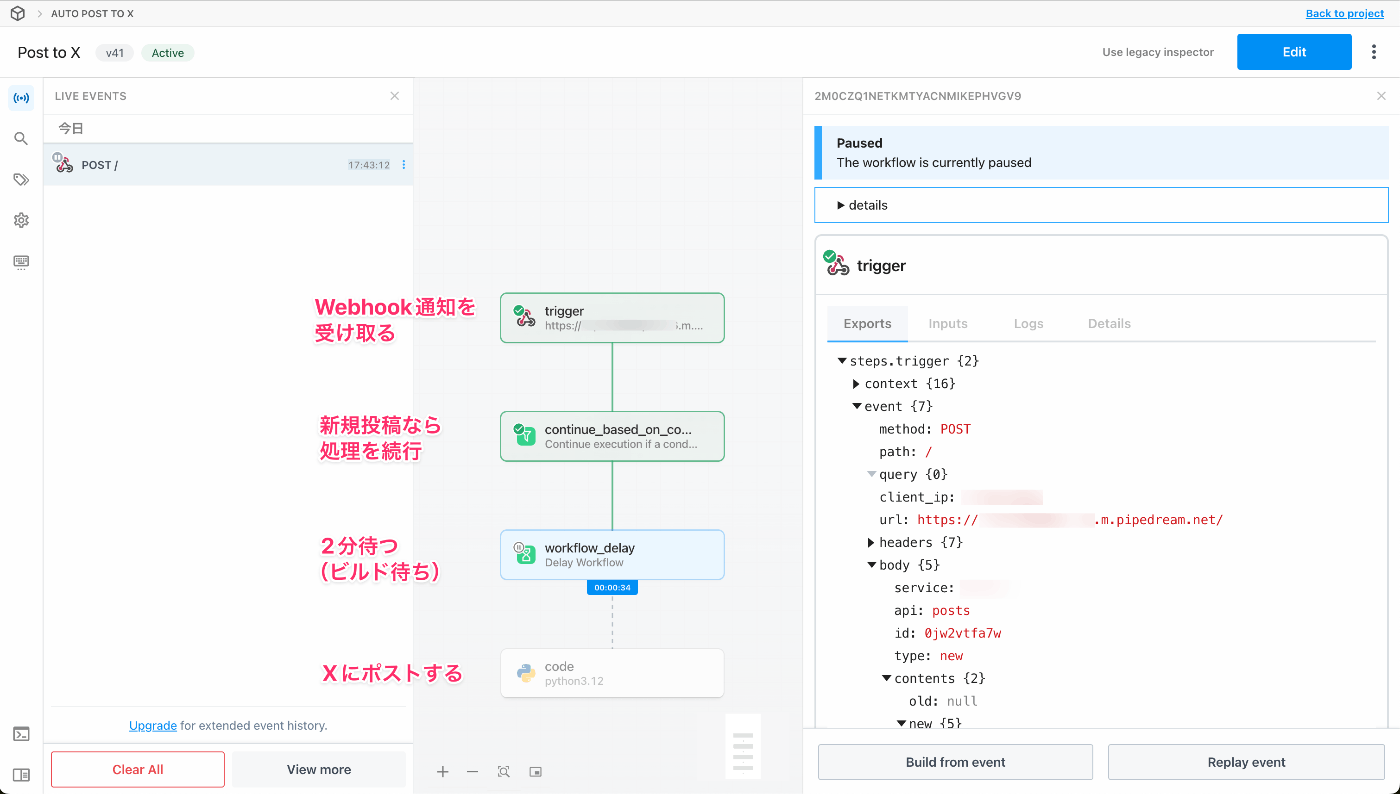 Pipedreamの画面。ワークフロー画面に4つのブロックが表示されており、Trigger、Filter、Delay、Python codeの順に繋がって並んでいる