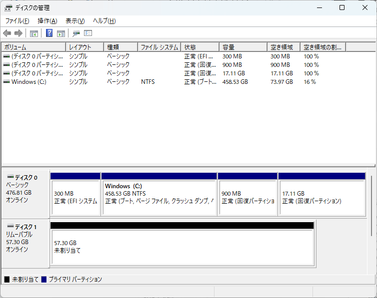 未割当の USB メモリの状態