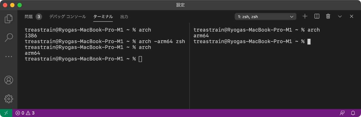 Apple M1 上の Intel ビルドな Visual Studio Code のターミナルを Arm64 に変更する 一時的 デフォ