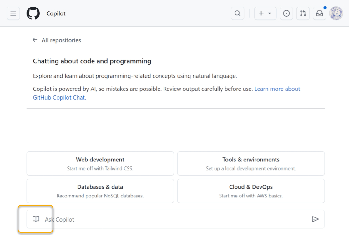 Copilot Chat in GitHub.comの会話にナレッジベースをアタッチする「Attach knowlege」ボタン