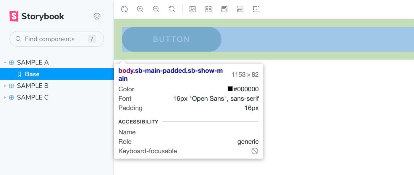 storybookのキャプチャ画像。コンポーネントが表示エリアに対して上下左右に余白を持って表示されている