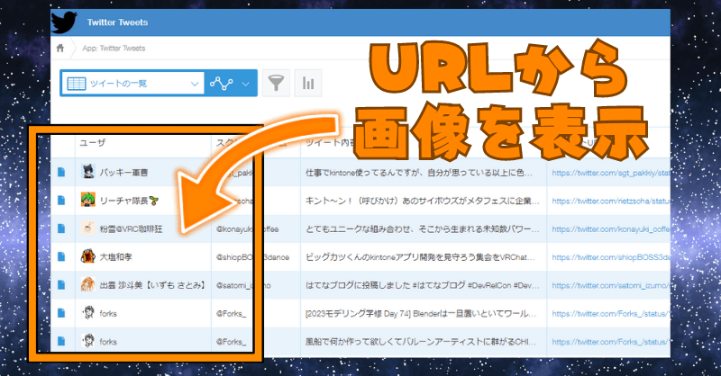 画像：kintoneの一覧画面にTwitterユーザのプロフィール画像を表示しているスクリーンショット