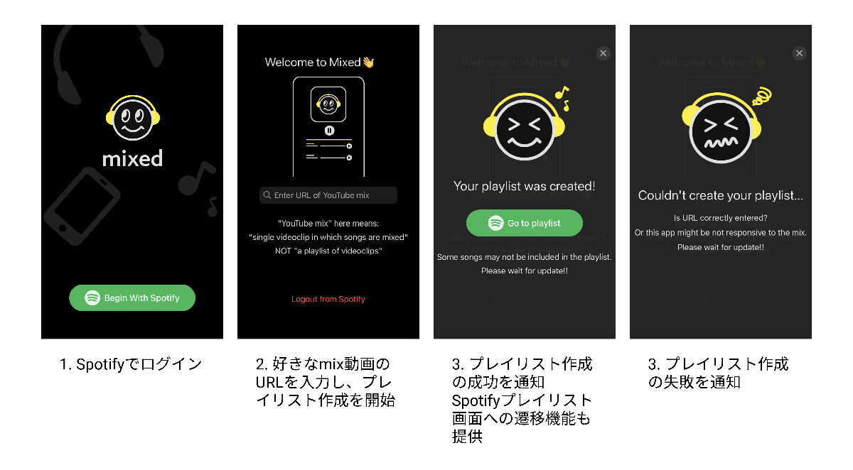 初リリース Youtubeの複数曲mix動画をspotifyプレイリストに変換するアプリ