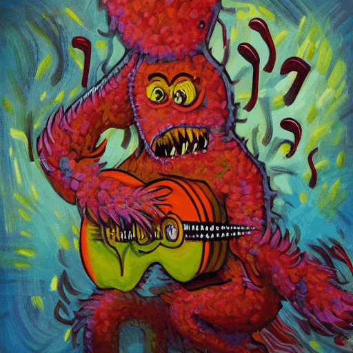 a painting of a virus monster playing guitar