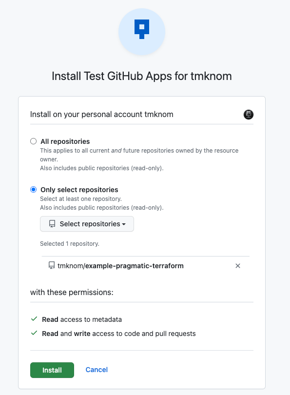 GitHub Appsがアクセス可能なリポジトリの選択