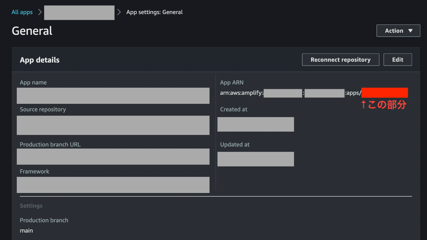 Amplify Console上でApp IDを確認できる箇所