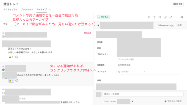 Asanaの受信トレイのスクリーンショット。他の人のタスク完了通知やコメントなどが新着順に表示されており、そのうちの一つをクリックすると画面右側にタスク詳細画面が現れるという説明書きがある。また、アーカイブ機能があるため後で見たい通知だけを残しておきやすいという説明書きもある。