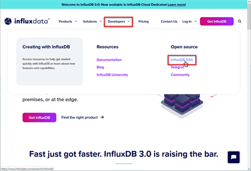 「Developers」→「InfluxDB OSS」をクリック