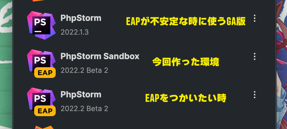 複数のPhpStormの環境が用意できているさま