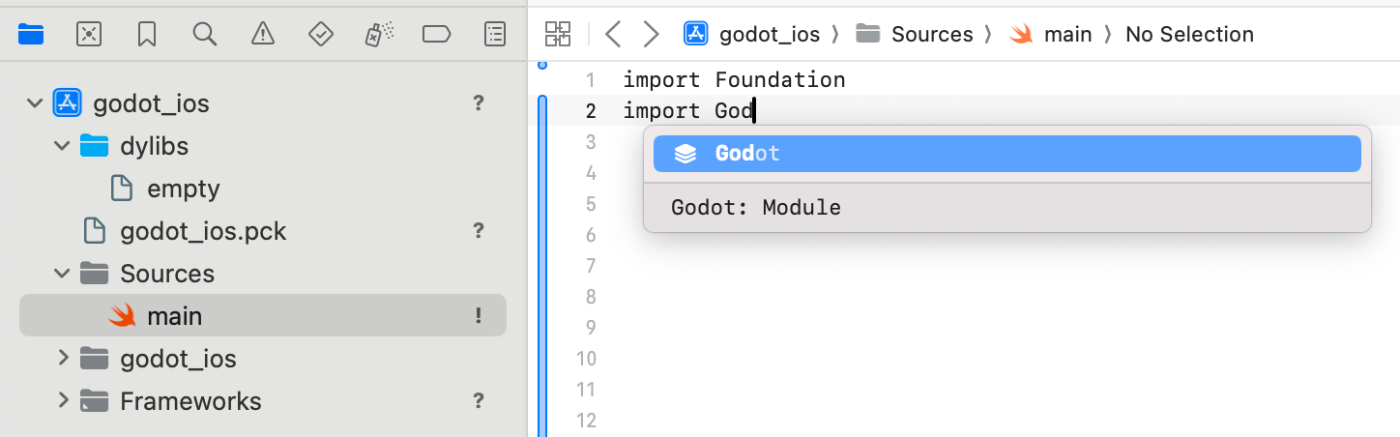 アプリケーション側で Godot ライブラリがインポートできるようになったようす