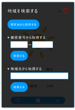weather-widgetの検索ダイアログの郵便番号が検証されている様子。