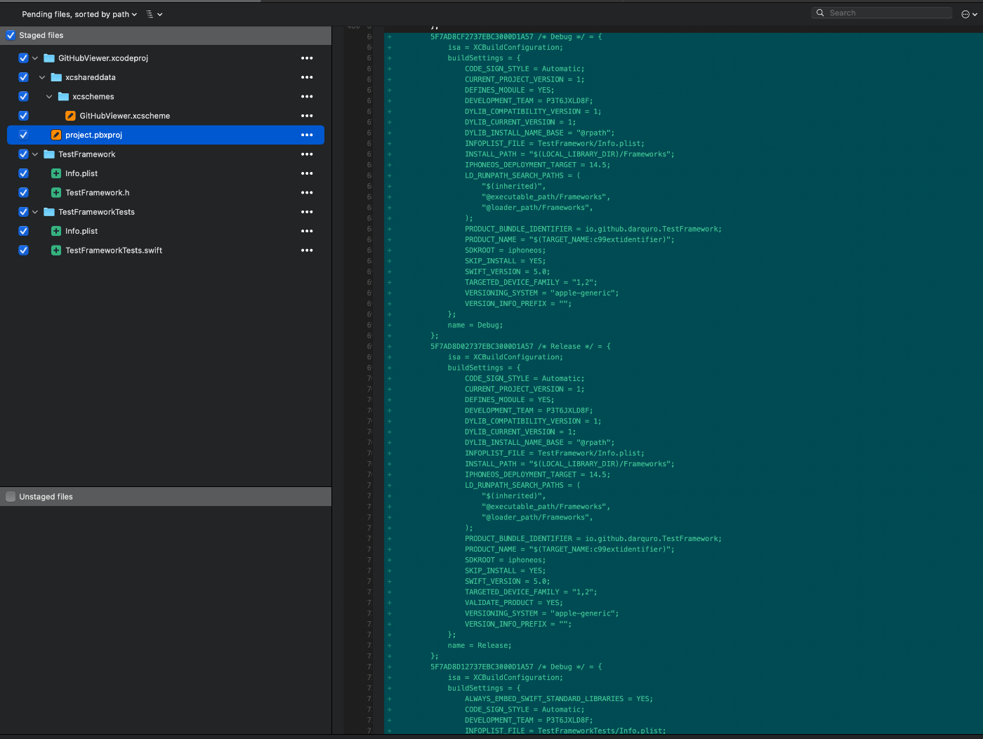 Frameworkの追加した場合のpbxprojファイルの変更