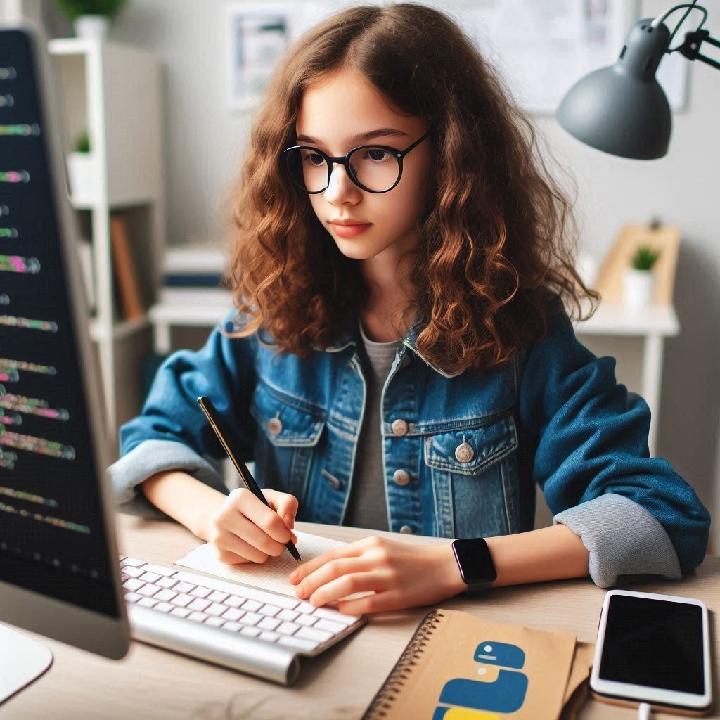Pythonアプリをプログラミングする少女