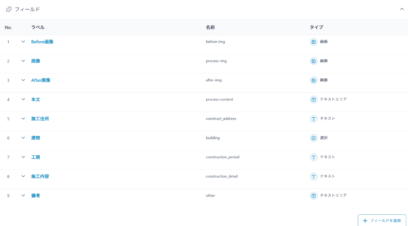 Advanced Custom fields の設定画面。Before画像などのカスタムフィールド設定が並ぶ