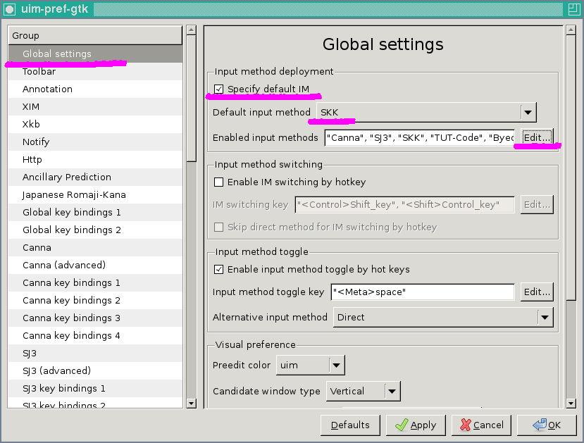 **Specify default IM** にチェックを入れ、**Default input mtehod** に **SKK** を指定する