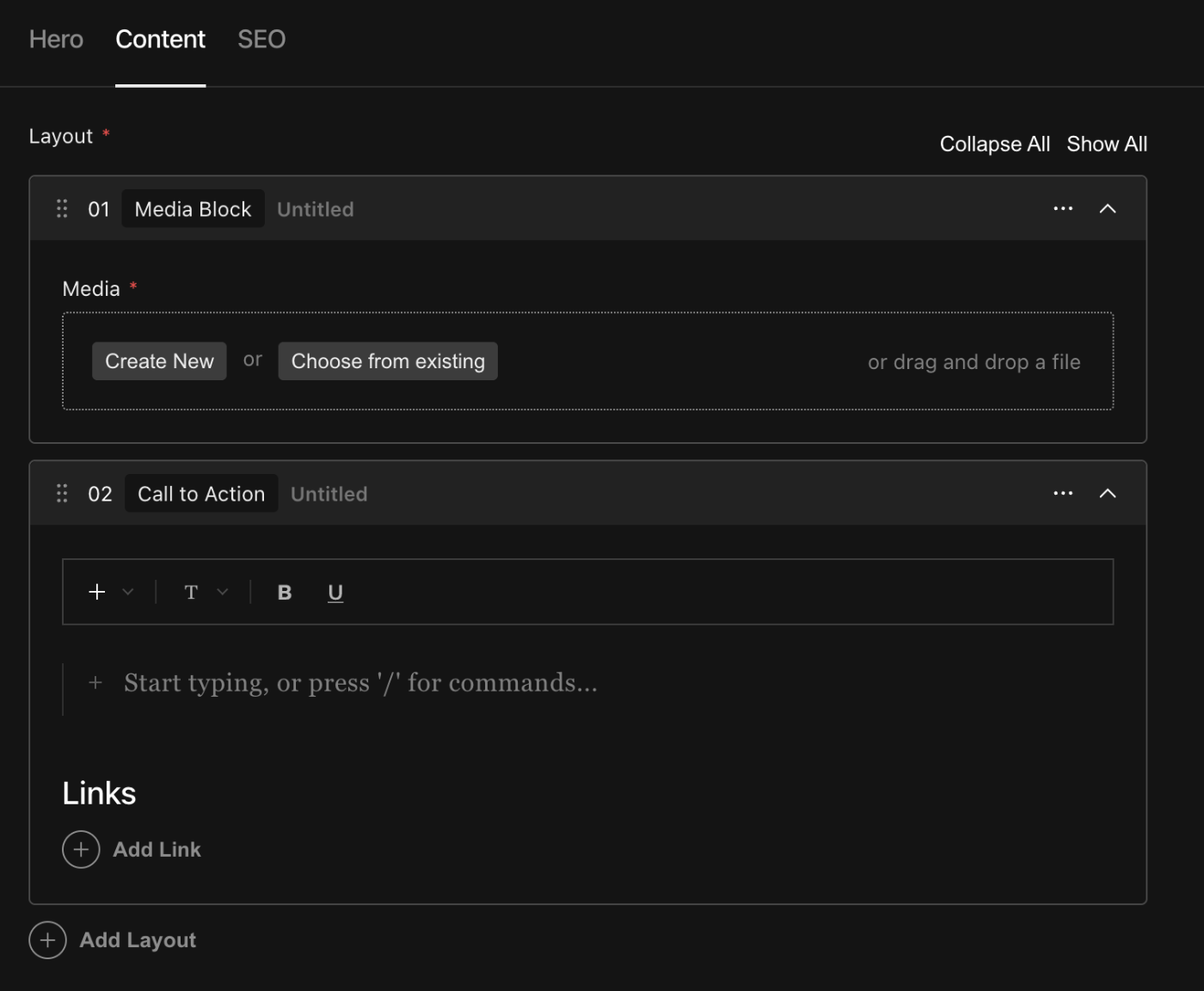複数のブロックを追加済みのブロックフィールド