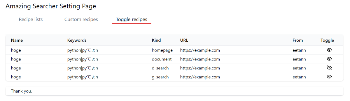 Toggle recipes