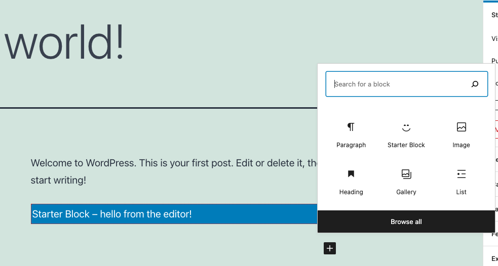 編集画面でstarter-blockを選択