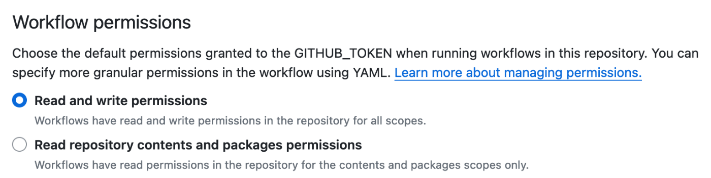 Workflow permissionsでRead and write permissionsを選択