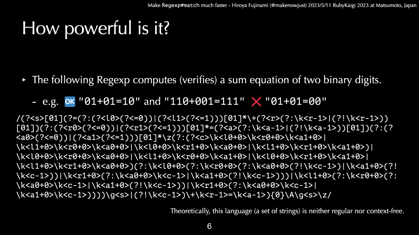 「2進数の足し算を計算する正規表現」の載ったスライド