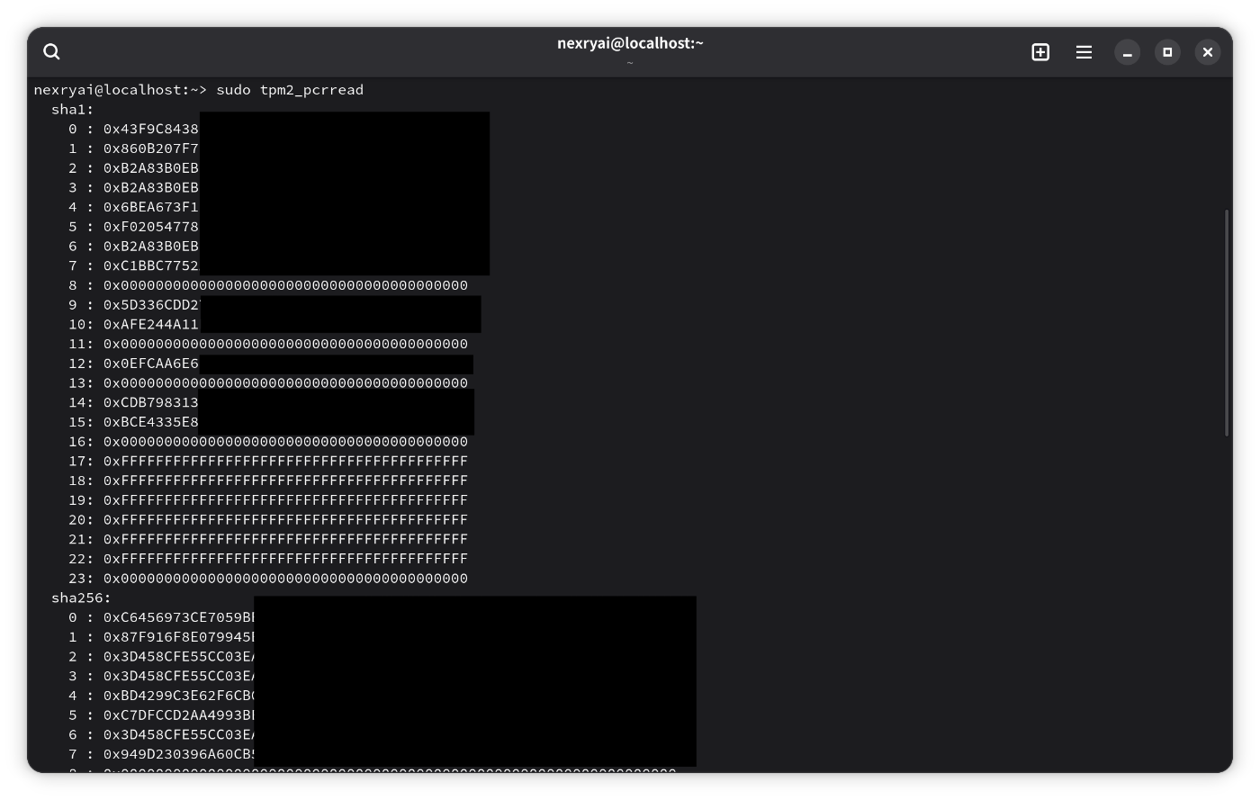 PCRの値を示す、tpm2_pcrreadコマンドの実行結果1