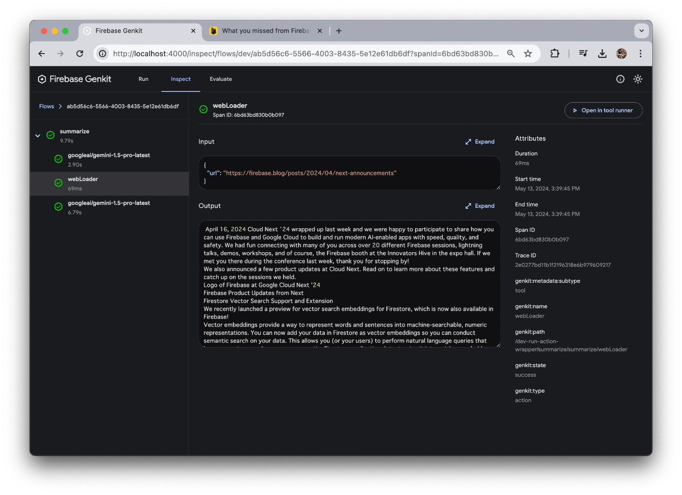 Genkit inspect tab