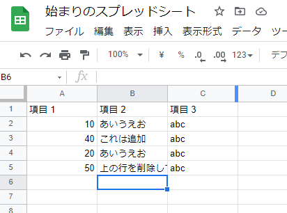 スプレッドシートを更新した状態のスクリーンショット