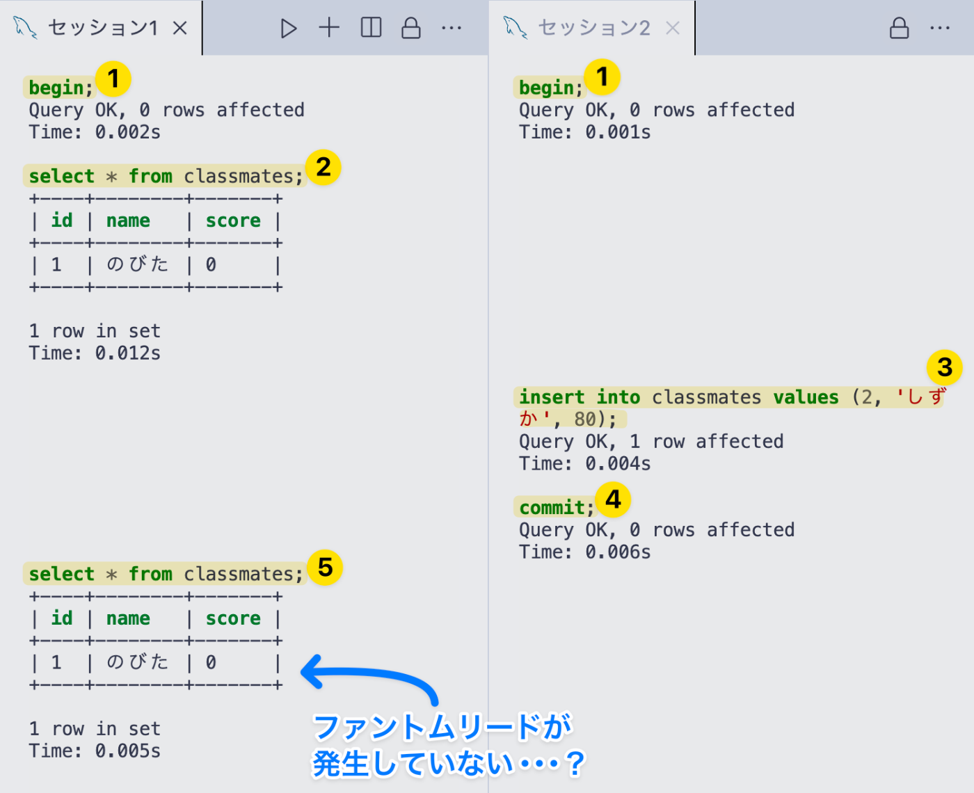 左右のタブで別々のMySQLセッションを開いて、左右のタブでファントムリードを発生させるためのSQLを順番に実行している様子（ファントムリードが起こらなかった）