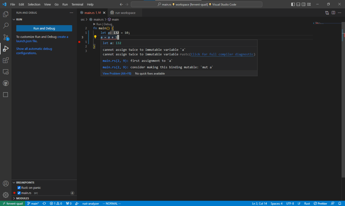 Sandbox のコンテナに接続している VSCode で、Rust Analyzer から想定通りの警告が表示されているスクリーンショット