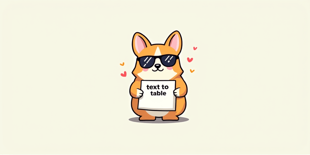 Cute illustration of a fat, cute corgi wearing sunglasses holding a piece of paper with the words ‘text to table’ written on it.
