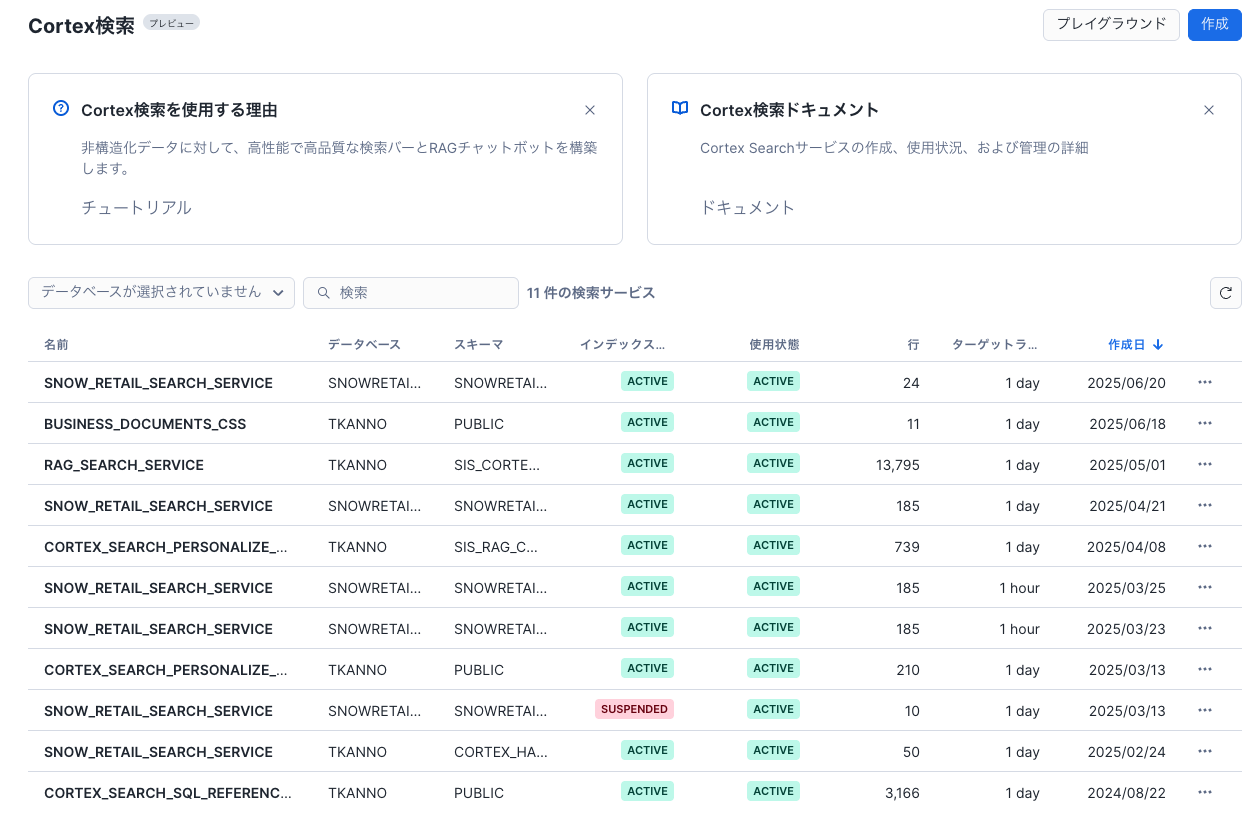 Cortex Search サービス一覧画面