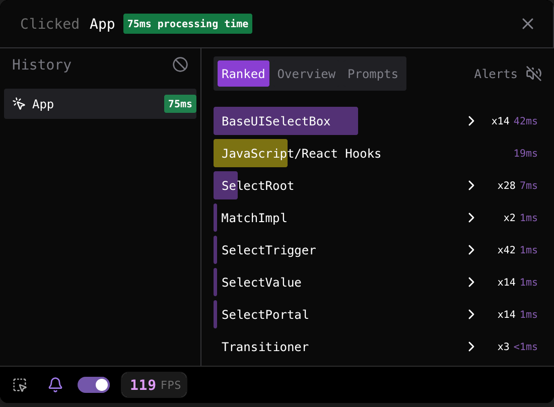 Base UIで書き換えた際のパフォーマンス。アプリのレンダリングに75msかかりました。