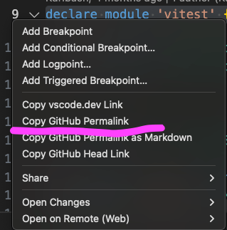 VScode上からでも、行部分を右クリックで表示されるメニューからパーマリンクをコピー