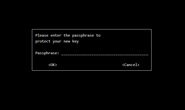 新しい鍵に設定するパスワードを入力ダイアログをターミナル上で pinentry が表示しているスクリーンショット