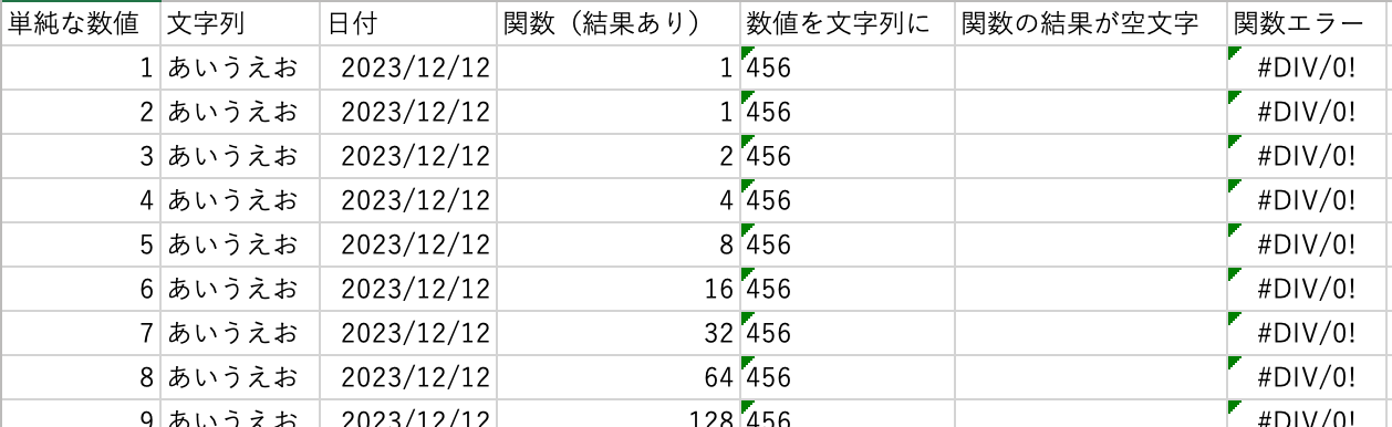 テストで使うエクセル