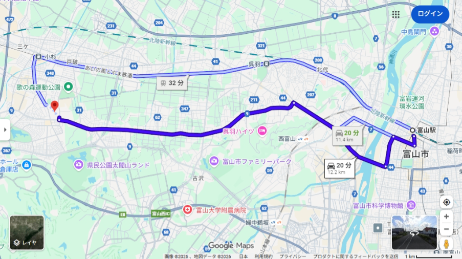 富山駅と富山県立大学の距離