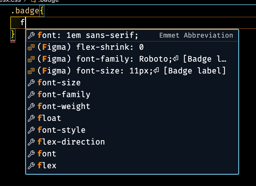 VS Code上でFigmaのUIに沿ったCSSのオートコンプリートが表示されているようす