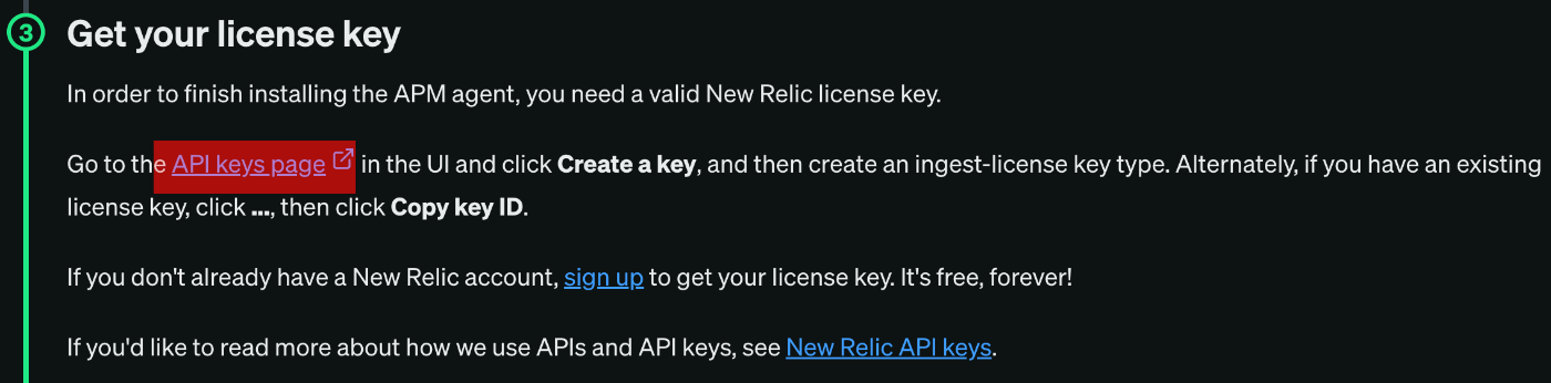 API keys page