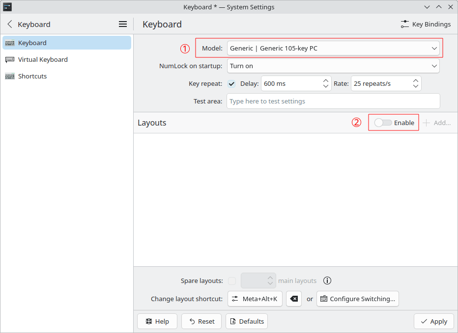 KDE の設定画面 → Keyboard → Keyboard