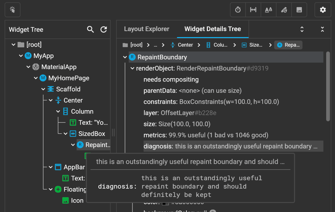 DevToolsのRepaintBoundaryの欄に「this is an outstandingly useful repaint boundary and should definitely be kept」と表示されている様子