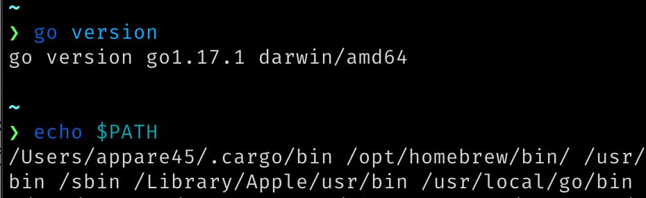 go version > go version 1.17.1 darwin/amd64 > echo $PATH /Users/appare45/.cargo/bin /opt/homebrew/bin/ /usr/local/bin /usr/bin /bin /usr/sbin /sbin /Library/Apple/usr/bin /usr/local/go/bin